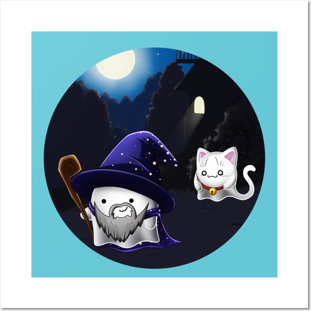 Kawaii Ghosts - A Wizard and his cat Wall Art by Chiisa